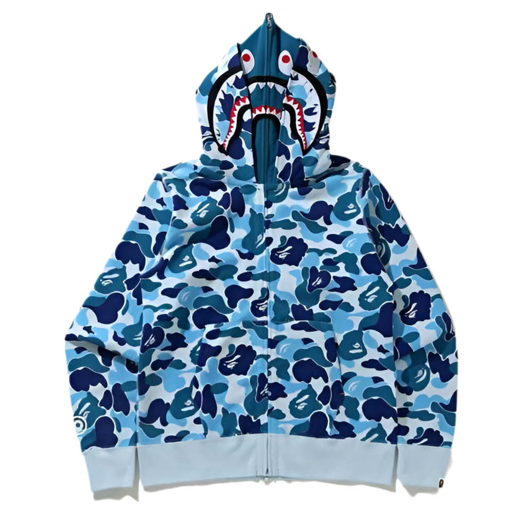 BAPE BIG ABC CAMO SHARK WIDE FULL ZIP DOUBLE HOODIE BLUE
