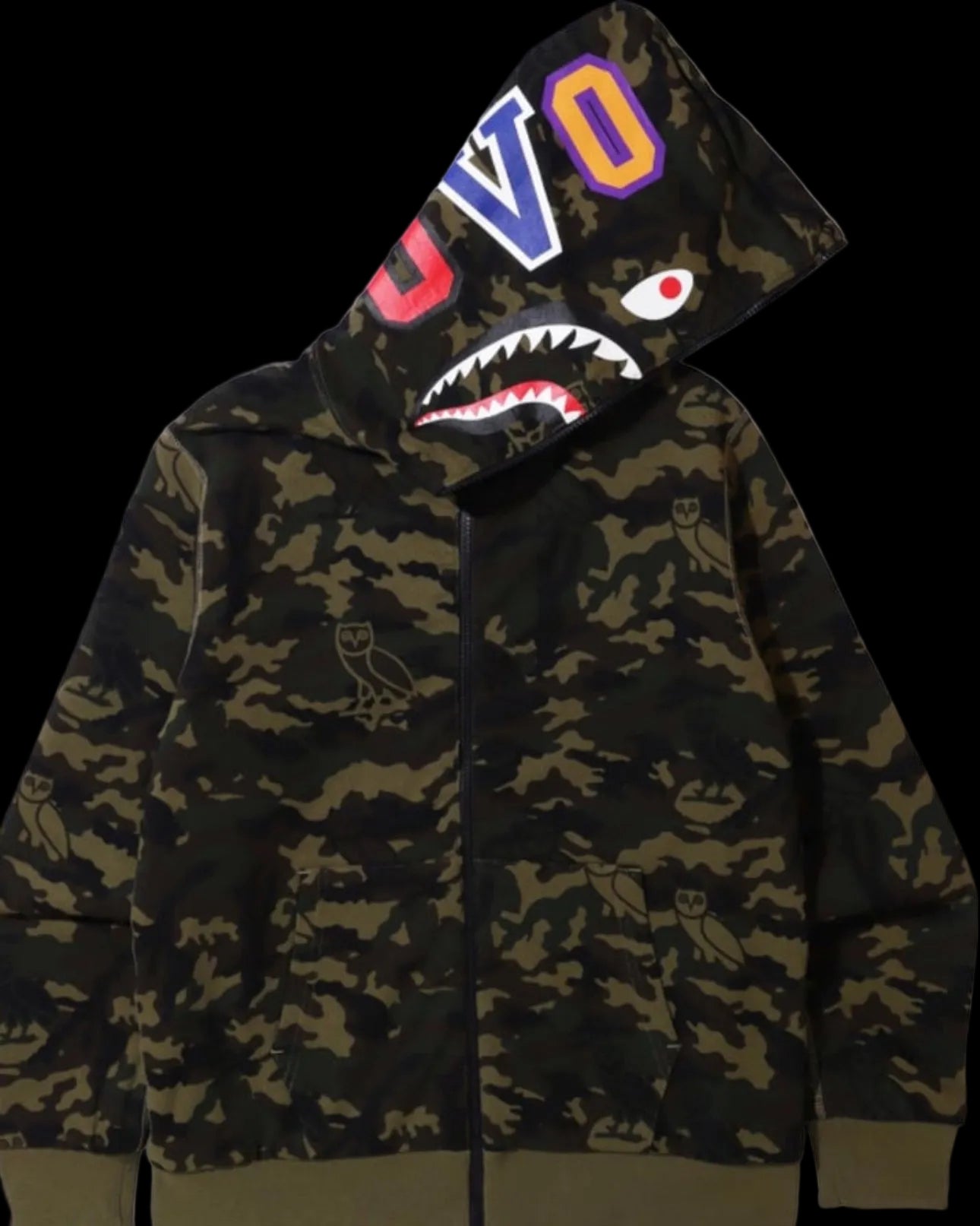 BAPE x OVO Woodland Camo Shark Reversible Full Zip Hoodie Black