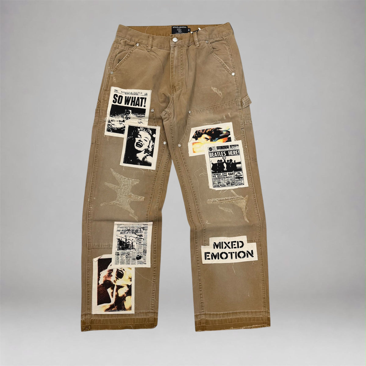 Mixed Emotion "Newspaper" Patchwork Carpenter Pants in Khaki/Light Brown