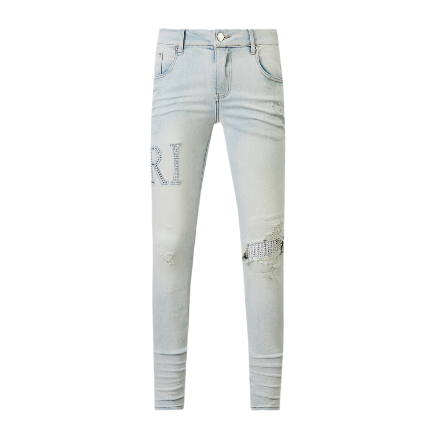 AMIRI - Skinny-Fit Logo-Appliquéd Crystal-Embellished Distressed Jeans - Blue