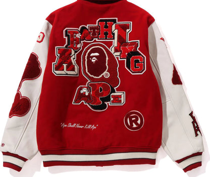 BAPE MULTI MOTIF VARSITY JACKET MENS RED