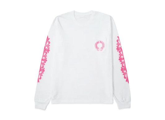 Chrome Hearts Horseshoe Floral Cross Pink Logo L/S Pocket T-Shirt "White"