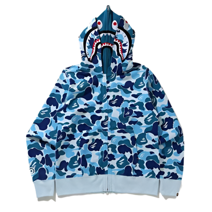 BAPE BIG ABC CAMO SHARK WIDE FULL ZIP DOUBLE HOODIE BLUE