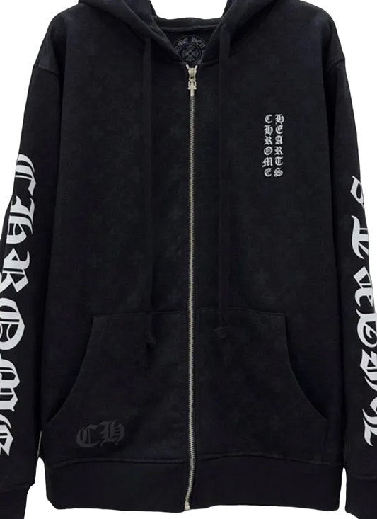 Chrome Hearts Letters Sleeve Fleece Zip Up Hoodie 'Black Multi Cross