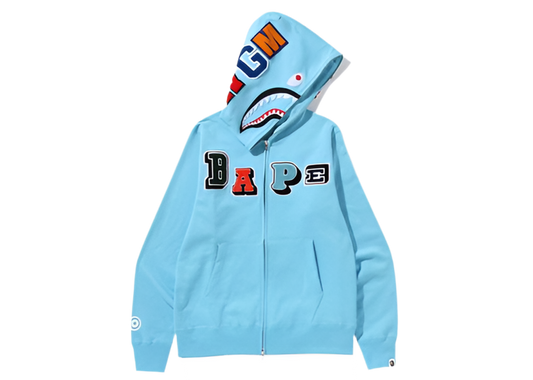A BATHING APE MEN MULTI FONTS SHARK FULL ZIP HOODIE (BLUE)