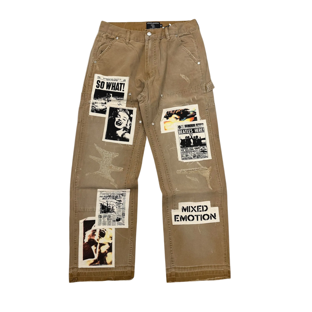 Mixed Emotion "Newspaper" Patchwork Carpenter Pants in Khaki/Light Brown