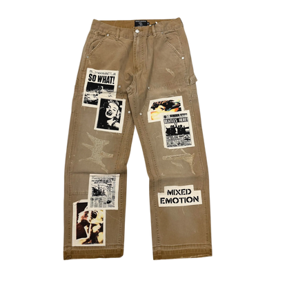Mixed Emotion "Newspaper" Patchwork Carpenter Pants in Khaki/Light Brown
