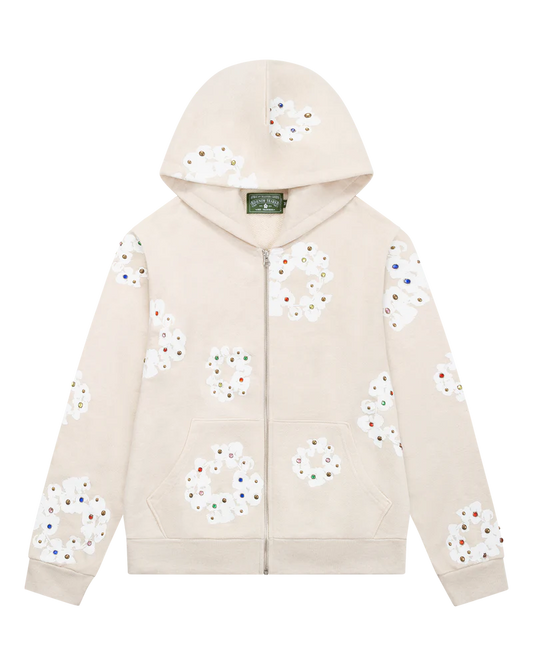 DENIM TEARS Rhinestone Cotton Wreath Zip Hoodie Oatmeal