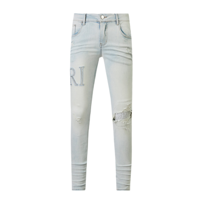 AMIRI - Skinny-Fit Logo-Appliquéd Crystal-Embellished Distressed Jeans - Blue
