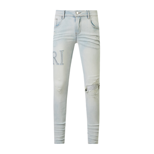 AMIRI - Skinny-Fit Logo-Appliquéd Crystal-Embellished Distressed Jeans - Blue