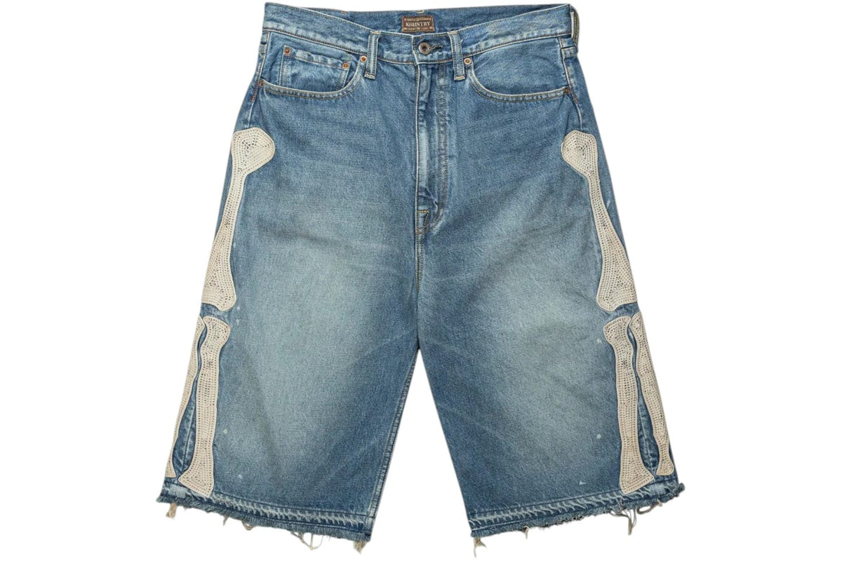 Kapital 14 Oz Denim 5P Bone Embroidery ShortsLight Indigo