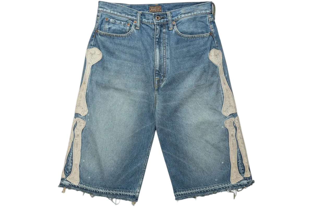 Kapital 14 Oz Denim 5P Bone Embroidery ShortsLight Indigo