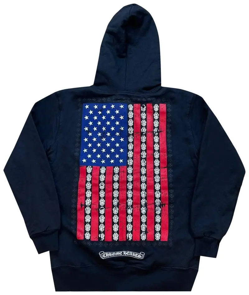 Chrome Hearts Hoodie with Flag Print & Sword-shaped Zipper
